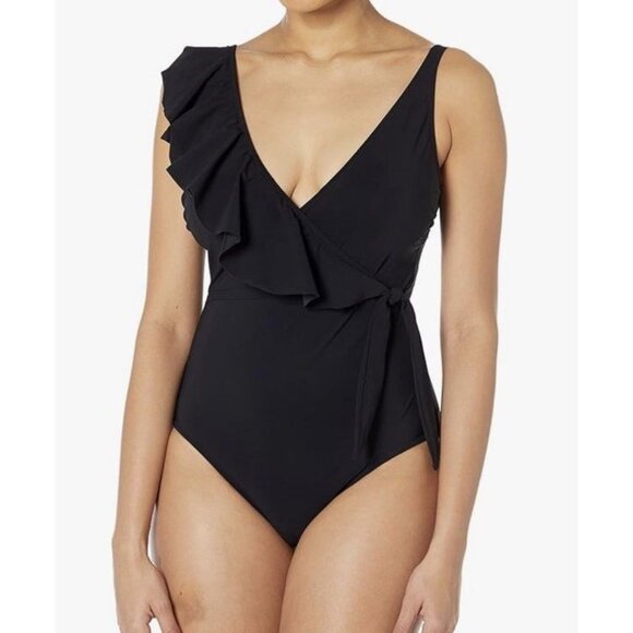 Gottex Sz 8 Swimsuit Tutti Fruity Ruffle One Shoulder V Neck One Piece Black New - Picture 2 of 7